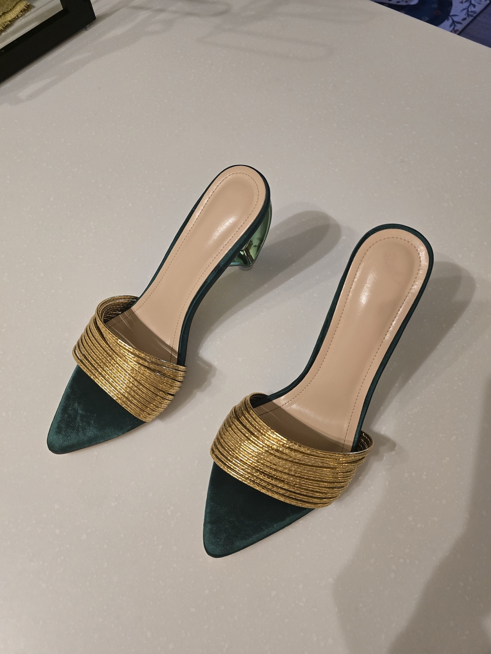 Green Velvet Pointed Mules with Gold Strap